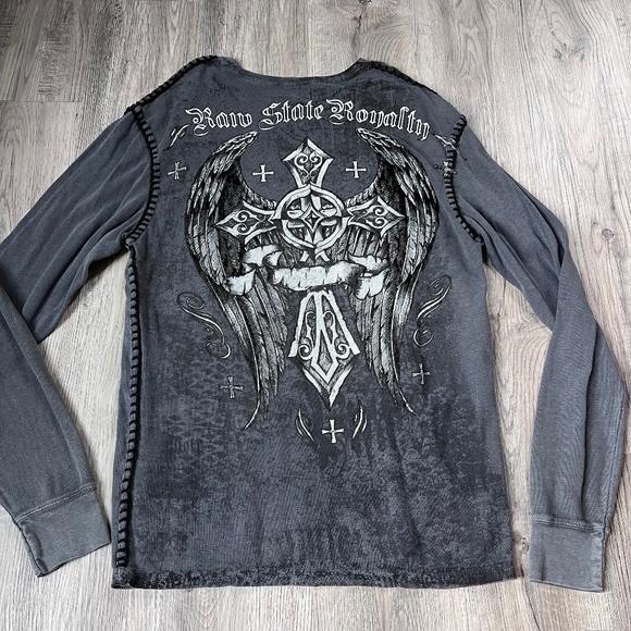 Raw State Royalty Long Sleeve Waffle Thermal Thick Stitch Y2K Cross Wings xxl - Picture 2 of 8